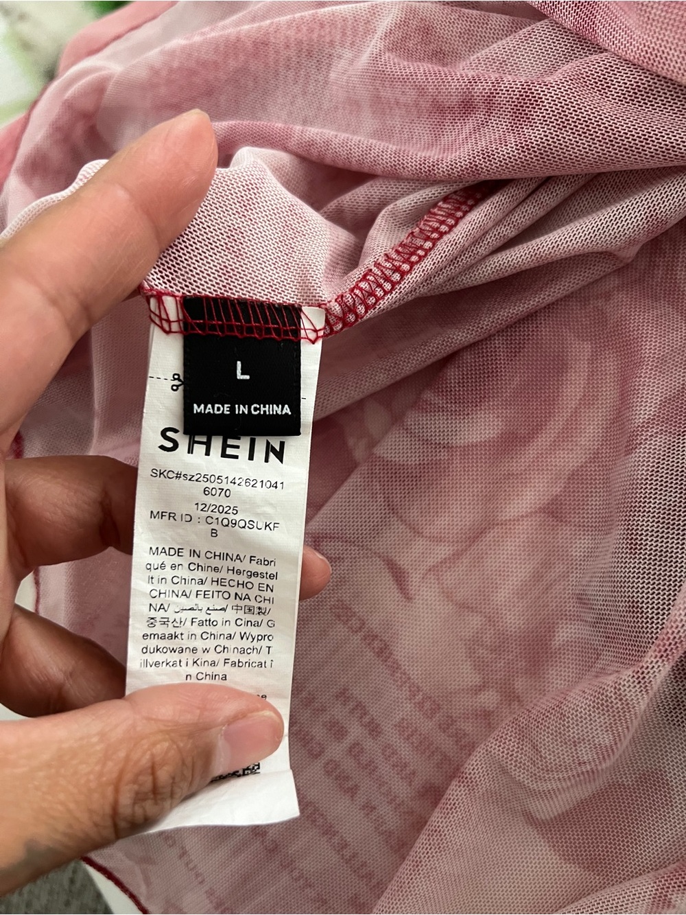 SHEIN Size L Pink Rose Newspaper Print Sheer Mesh Tie Front Top - Picture 7 of 8